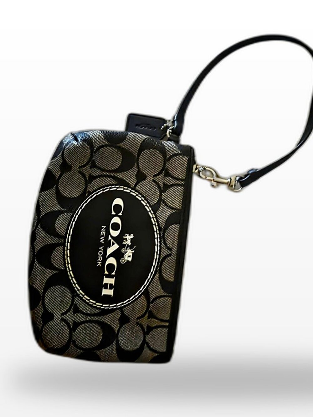 Coach Dempsey Large Corner Zip Wristlet Signature Jacquard Black Smoke C8841